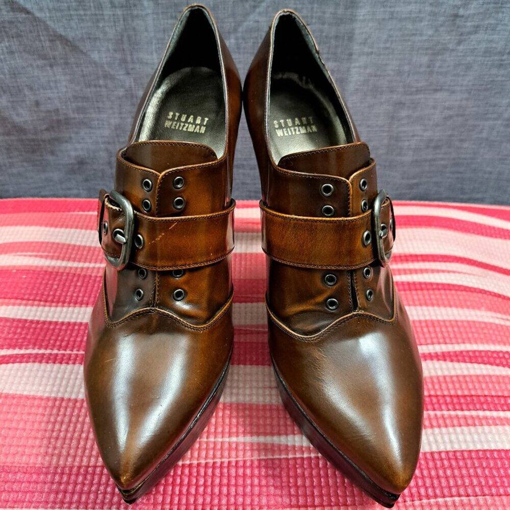 %Stuart Weitzman Leather Buckle Brown POINTY TOE Pump Heels 7M / D12